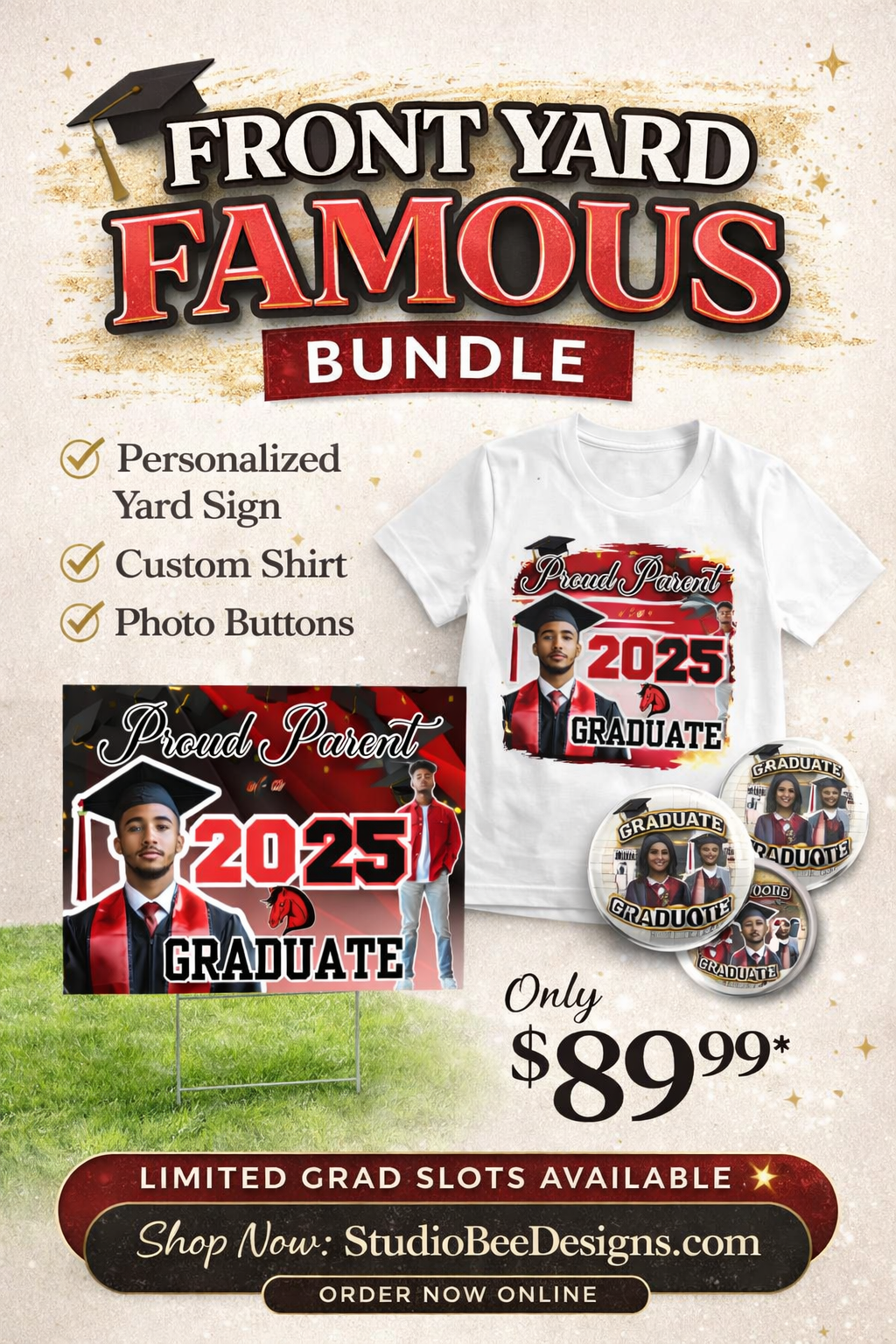 Personalized Graduation Yard Sign Bundle 2026 | Custom Shirt + Photo Buttons | Front Yard Famous Grad Package