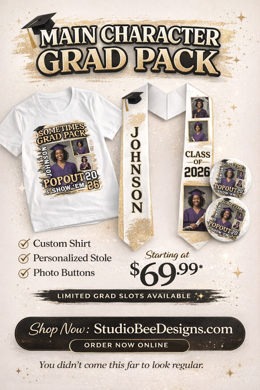 Personalized Graduation Bundle 2026 | Custom Shirt, Graduation Stole & Photo Buttons | Senior Grad Package